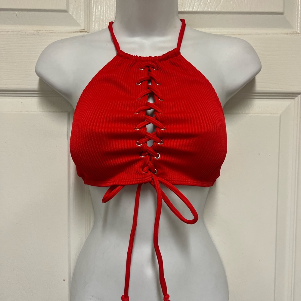 RUE21 Blue Rue Red Ribbed Lace Up Halter Top - Picture 4 of 9